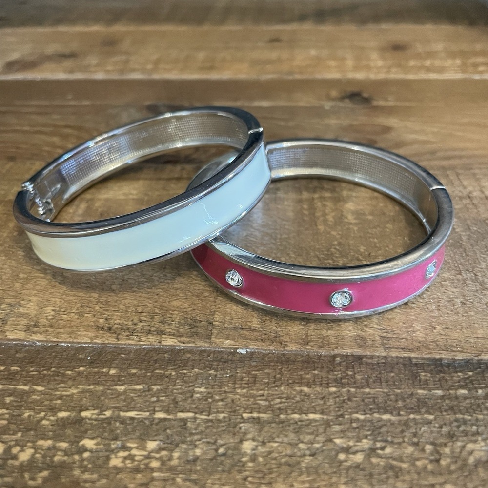 2 pc Set Bangle Silver Tone Enamel Rhinestone Hinged Bracelet Pink Cream Lot